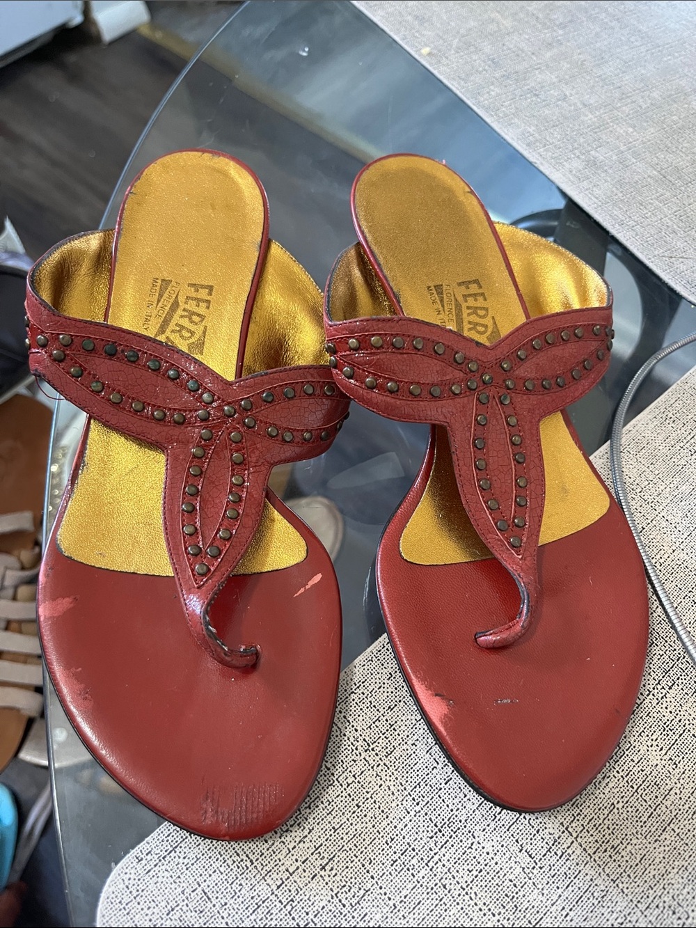 Salvatore Ferragamo Red Leather T-Strap Studded Sandals with Gold Insoles